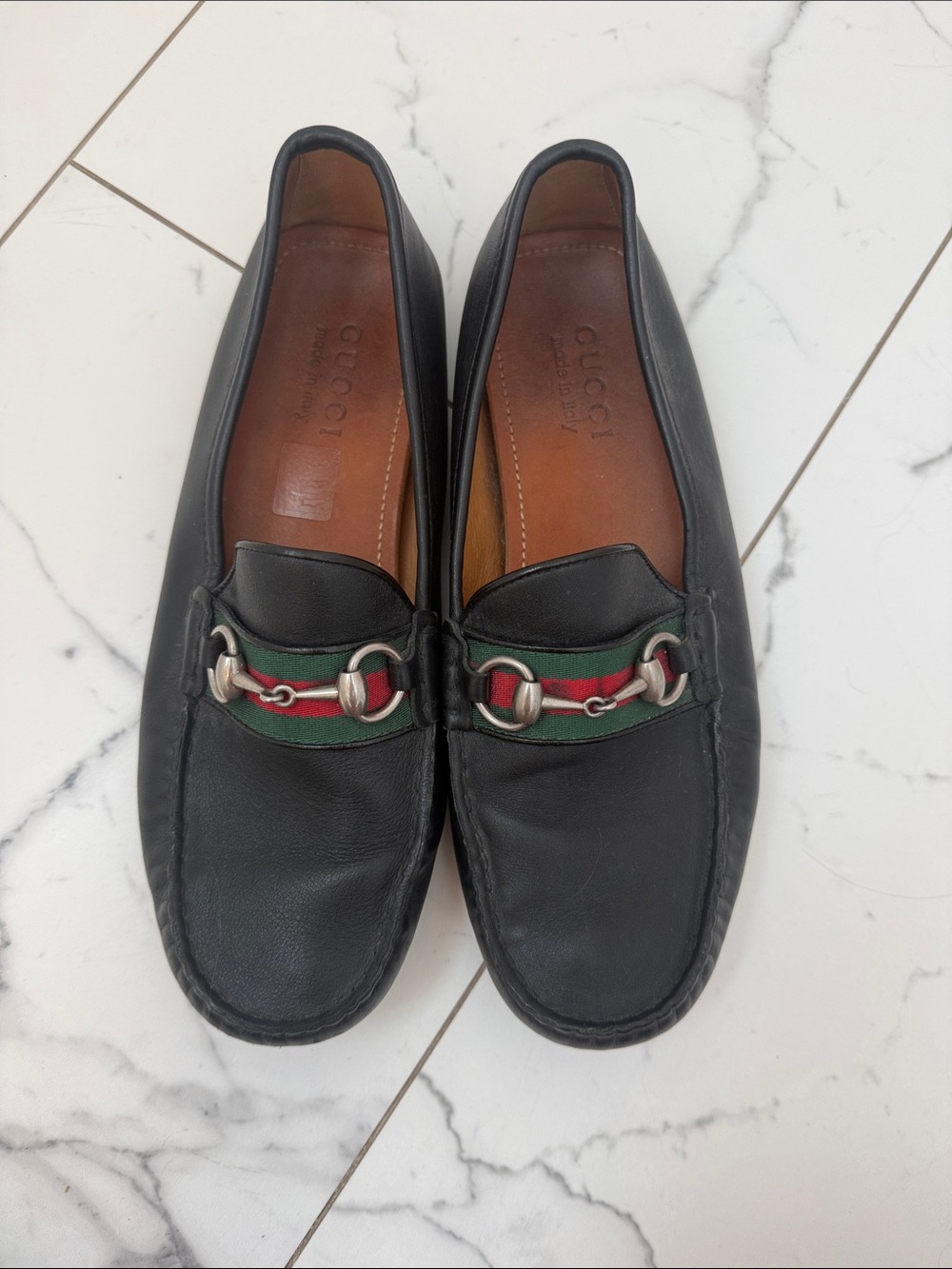 Gucci Black Leather Loafers with Red & Green Web and Silver Horsebit